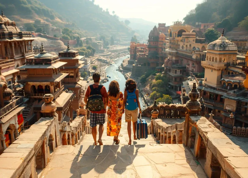 Ancient city with terraced architecture descending to a river valley