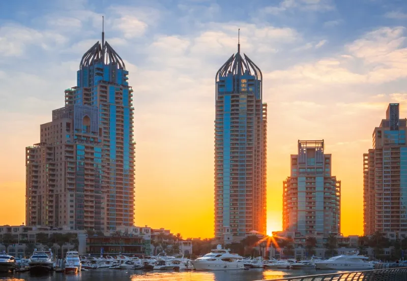 Dubai skyline at dusk with modern towers