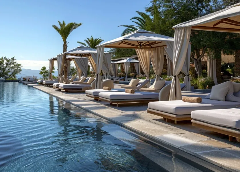 Luxury resort pool with white cabanas and lounge chairs